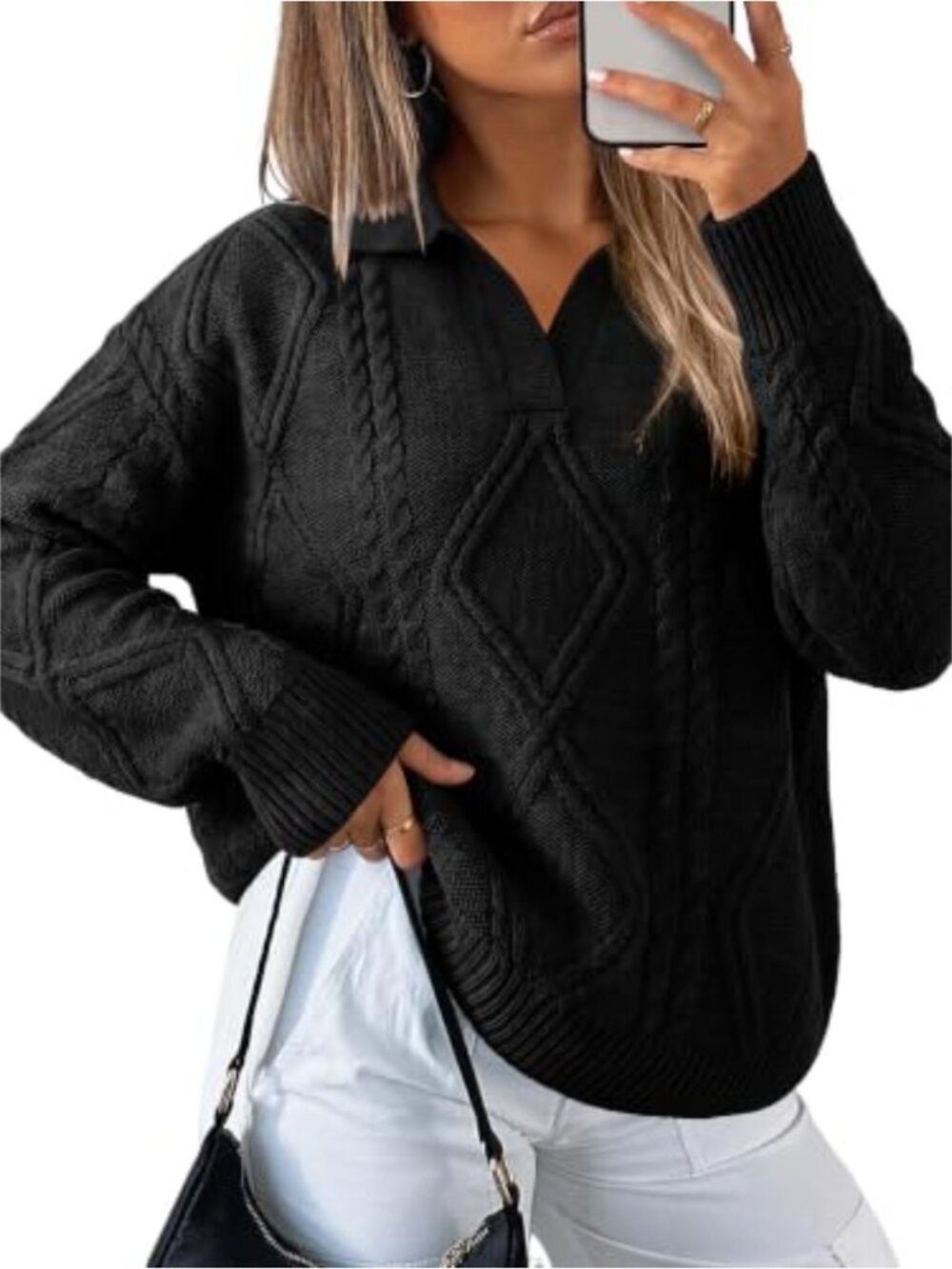 Oversized Cable Knit Lapel Collar V-Neck Pullover Sweater Long Sleeve
